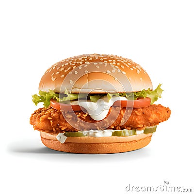 Tasty chicken burger with lettuce, sauce, cucumber and tomato on a white background Stock Photo