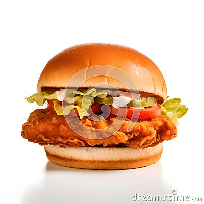 Tasty chicken burger with lettuce, sauce, cucumber and tomato on a white background Stock Photo