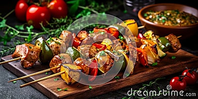 tasty chicken pork and beef meat skewers generative AI Stock Photo