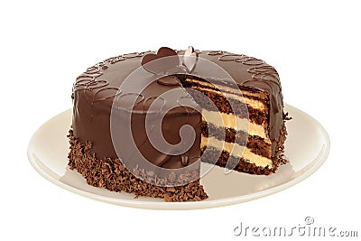 Tasty chocolate cake isolated on white Stock Photo