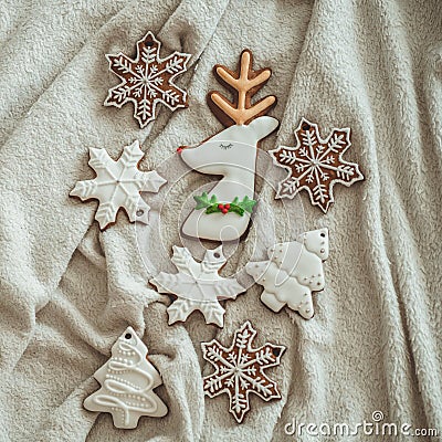 Tasty Christmas cookies on white plaid Stock Photo