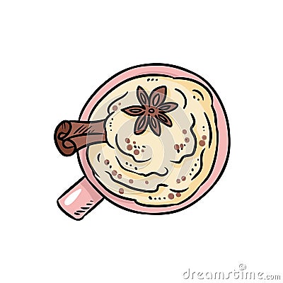 Tasty coffee drink with cinnamon and whipped cream. Cute cartoon style cozy image Vector Illustration