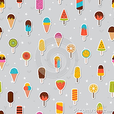Tasty colorful ice cream seamless pattern. Sweet summer background. Cute fabric print, wrapping paper. Stickers Vector Illustration