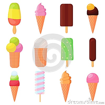 Tasty colorful ice cream set on white background. Collection ice-cream cones and popsicle. Soft, sweet frozen food on a Vector Illustration