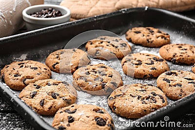 Tasty cookies with chocolate chips on baking tray Stock Photo