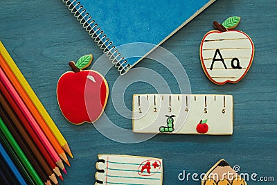 Tasty cookies with shape of school material Stock Photo