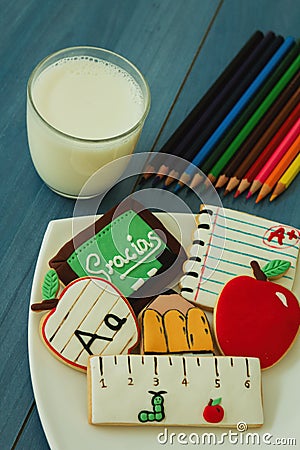 Tasty cookies with shape of school material Stock Photo