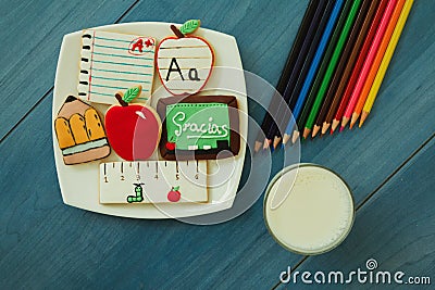 Tasty cookies with shape of school material Stock Photo