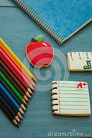 Tasty cookies with shape of school material Stock Photo