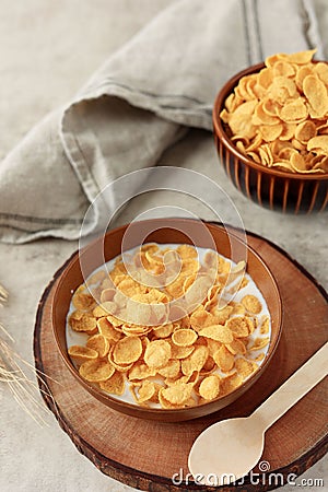 Tasty Cornflakes Cereal with Fresh Milk Stock Photo