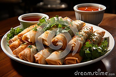 tasty crispy spring rolls with red chutney on plate Stock Photo