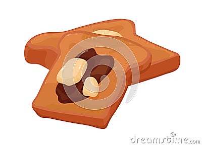 Tasty crispy toasts with butter, jam. Grilled slices of bread with peanut for breakfast, morning eating. Fresh baked Vector Illustration