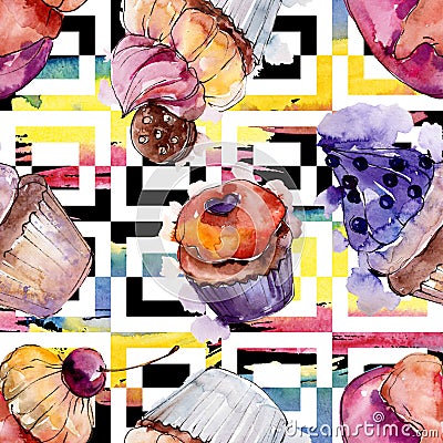 Tasty cupcake and dessert in a watercolor style. Watercolour illustration set. Seamless background pattern. Cartoon Illustration