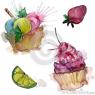 Tasty cupcake in a watercolor style. Aquarelle sweet dessert illustration set. Isolated desserts background element. Cartoon Illustration