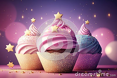 tasty cupcakes on the pink background Cartoon Illustration