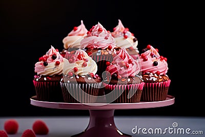 Tasty cupcakes on stand. Generative AI Stock Photo