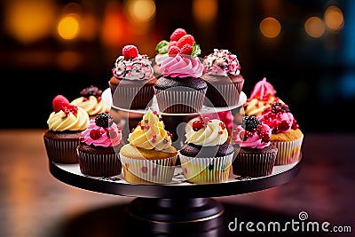 Tasty cupcakes on stand. Generative AI Stock Photo