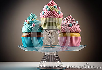 Tasty cupcakes on stand illustration. AI generative Cartoon Illustration