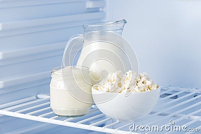 Tasty dairy products: sour cream, cottage cheese, milk Stock Photo