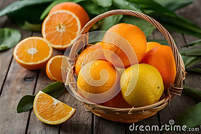 Tasty and delicious orange fruit in basket, fresh healthy produce photo Stock Photo