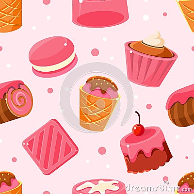 Tasty Desserts Seamless Pattern, Candy Shop, Bar, Cafe, Confectionery Background, Textile, Packaging, Wallpaper Stock Photo