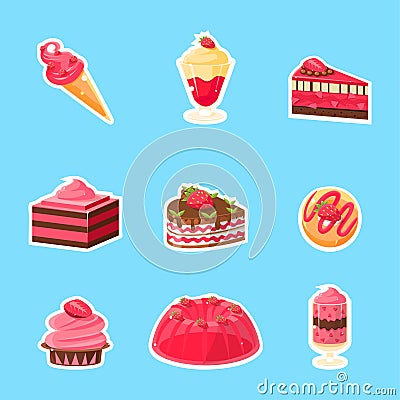 Tasty Desserts Stickers, Cute Colorful Badges of Cake, Ice Cream, Donut, Pudding, Cupcake Vector Illustration Vector Illustration