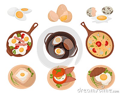 Tasty dishes made from eggs set, raw, boiled and fried eggs with various ingredients vector Illustration on a white Vector Illustration