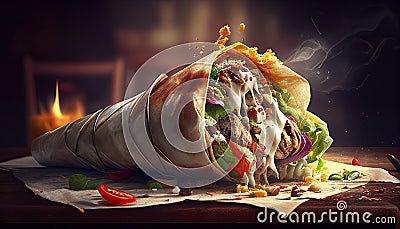 Tasty Doner Kebab Shawarma Roll Wrap Illustration. Generative AI Food Stock Photo