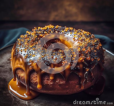 Tasty doughnut topped with melted caramel and sprinkled with poppy seeds. Created with generative AI Stock Photo