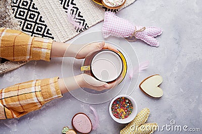 Tasty Easter traditions. Easter vibes for kids. Happy Easter. Sweet cocoa and cookies Stock Photo