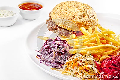 A Tasty food. Big hamburger, French fries . High quality image Stock Photo