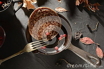 Delicious pancakes- morning breakfast table. Still life - dark photo style. Culinary background - tasty food Stock Photo