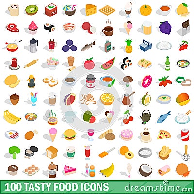 100 tasty food icons set, isometric 3d style Vector Illustration