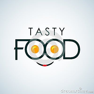 Tasty Food sign logo icon design with omelette character template. Fast food, express cafe logo template. Vector color emblem. Stock Photo