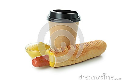 Tasty french hot dog and coffee isolated on white Stock Photo