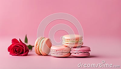 Tasty french macaroons with tender rose on a pink pastel background. Place for text Stock Photo
