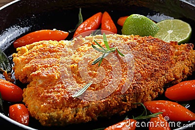 Tasty fried breaded white fish steak Stock Photo