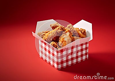 Tasty fried chicken in classic takeaway paper box on red backgrpund.Macro.AI Generative Stock Photo