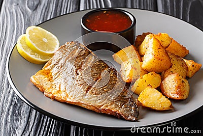 Tasty fried dorado fish fillet with potato garnish and sauces close-up on a plate. horizontal Stock Photo