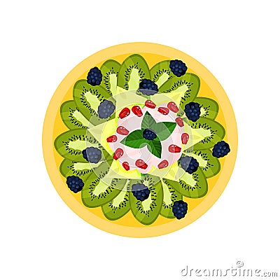Tasty fruit dish. Sliced kiwi, melon, ripe blackberries and yogurt on yellow plate, top view. Delicious food. Flat Vector Illustration