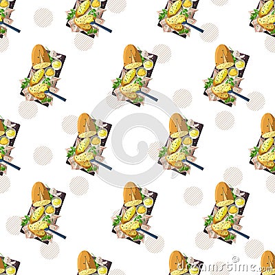 Tasty Garlic Bread on the Wooden Board Vector Graphic Art Seamless Pattern Vector Illustration