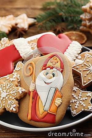 Tasty gingerbread cookies on table, closeup. St. Nicholas Day celebration Stock Photo