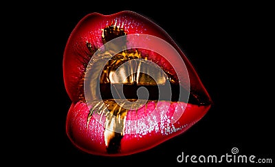 Tasty golden lips. Shiny sexy mouth. Expensive makeup, rich life. Mouth icon on black background. Lips full shape Stock Photo