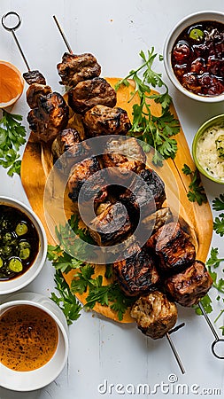 Tasty grilled kebab, charred to perfection on a white backdrop Stock Photo