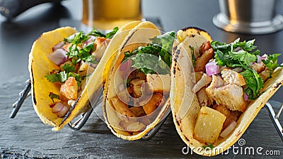 Tasty grilled pineapple and chicken street tacos in metal tray Stock Photo