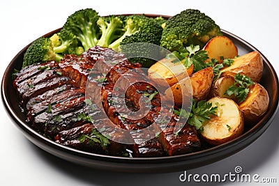 Tasty grilled ribs with vegetables on the plate, isolated in the whit Stock Photo