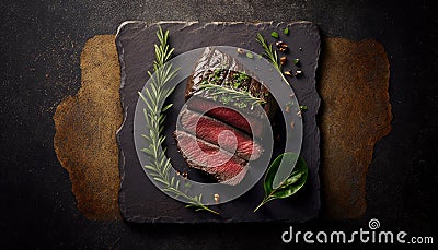 Tasty grilled steak, view from above, macro, close-up, Generative AI Stock Photo