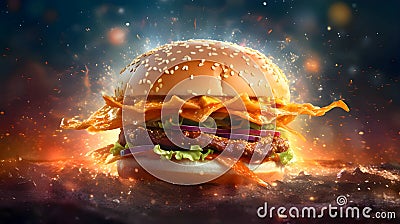 Tasty hamburger exposed on a fiery backdrop Stock Photo