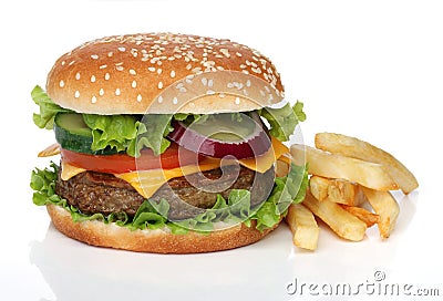 Tasty hamburger and french fries isolated Stock Photo