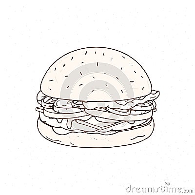 Tasty hamburger hand drawn with contour lines on white background. Drawing of juicy burger or sandwich with meat patty Vector Illustration